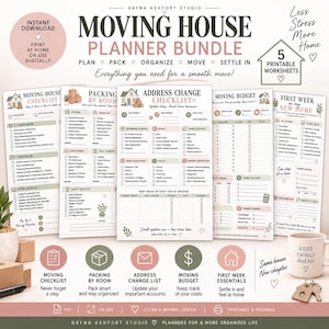 May include: A digital moving house planner bundle featuring five printable worksheets including a moving checklist, packing by room guide, address change checklist, moving budget, and first week in new home tracker with a clean, neutral color palette.