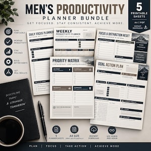 May include: A productivity planner bundle featuring five printable A4 sheets with dark blue and beige accents. The sheets include a daily focus planner, weekly productivity planner, focus and distraction reset, priority matrix, and goal action plan.