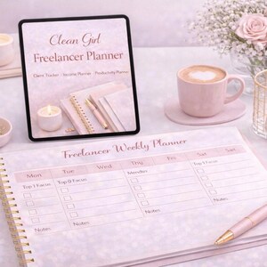 Printable Clean Girl Freelancer Planner in pink aesthetic design with client tracker, income planner and productivity pages, digital download for freelancers.