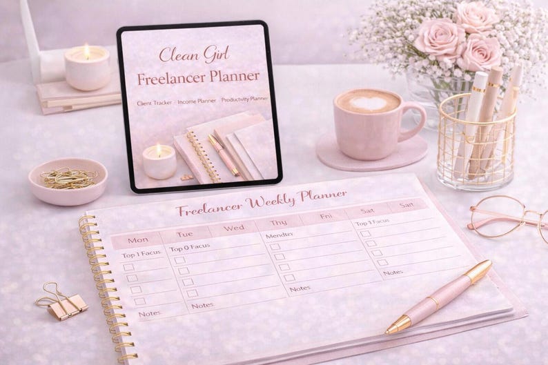 Printable Clean Girl Freelancer Planner in pink aesthetic design with client tracker, income planner and productivity pages, digital download for freelancers.