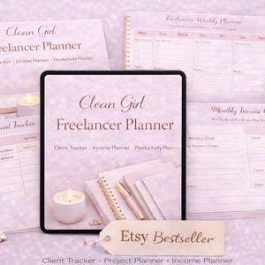 Printable Clean Girl Freelancer Planner in pink aesthetic design with client tracker, income planner and productivity pages, digital download for freelancers.
