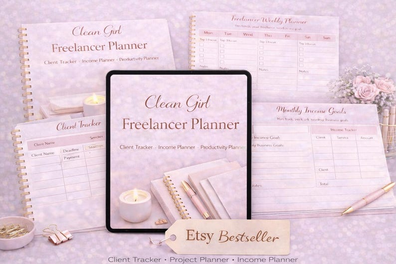 Printable Clean Girl Freelancer Planner in pink aesthetic design with client tracker, income planner and productivity pages, digital download for freelancers.