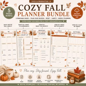 May include: A digital 5-page fall planner bundle featuring a goal sheet, bucket list, monthly reset, habit tracker, and weekly planner. The design includes autumn leaf illustrations, pumpkin graphics, and text in brown and cream tones.