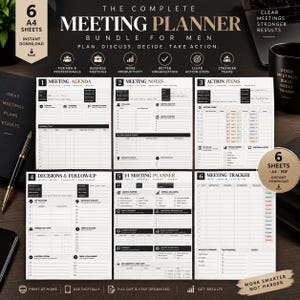 May include: A digital meeting planner bundle featuring six A4 sheets with black and white layouts. The pages include sections for meeting agendas, notes, action items, decisions, follow-ups, 1:1 planning, and trackers with text labels in English.