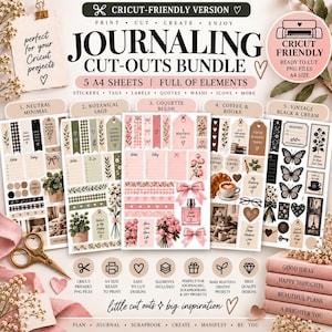 Puede incluir: Un paquete digital de recortes para diario con cinco hojas A4 de pegatinas, etiquetas, tags e iconos imprimibles en temas neutros, botánicos, coquette, café y vintage. Incluye el texto 'Journaling Cut-Outs Bundle'.