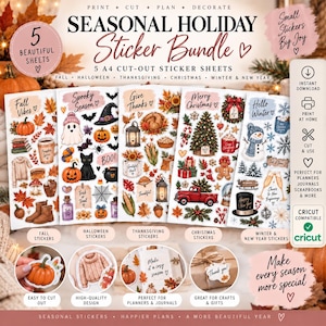 Printable Holiday Stickers Bundle, Fall Halloween Christmas Stickers, Thanksgiving Stickers, Winter Planner Stickers, Cut Out Stickers