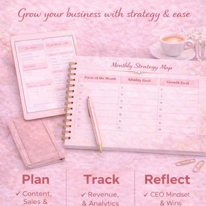 Feminine CEO content planner printable for female entrepreneurs, business planner with content tracker, sales tracking and productivity pages, digital download.