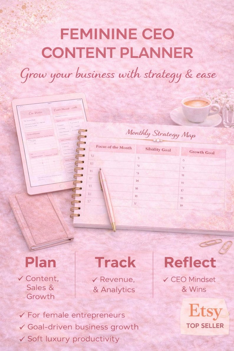 Feminine CEO content planner printable for female entrepreneurs, business planner with content tracker, sales tracking and productivity pages, digital download.