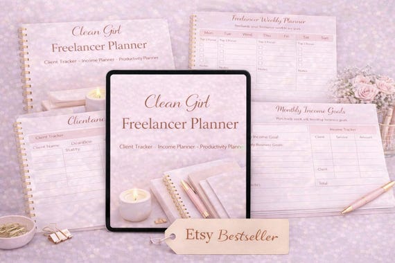Clean Girl Freelancer Planner | Client, Income, Productivity Tracker (Digital Download)