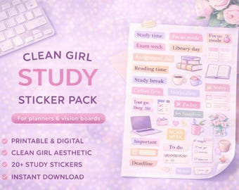 Clean Girl Study Stickers, Pastel Planner Digital Download