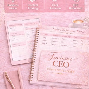 Feminine CEO content planner printable for female entrepreneurs, business planner with content tracker, sales tracking and productivity pages, digital download.
