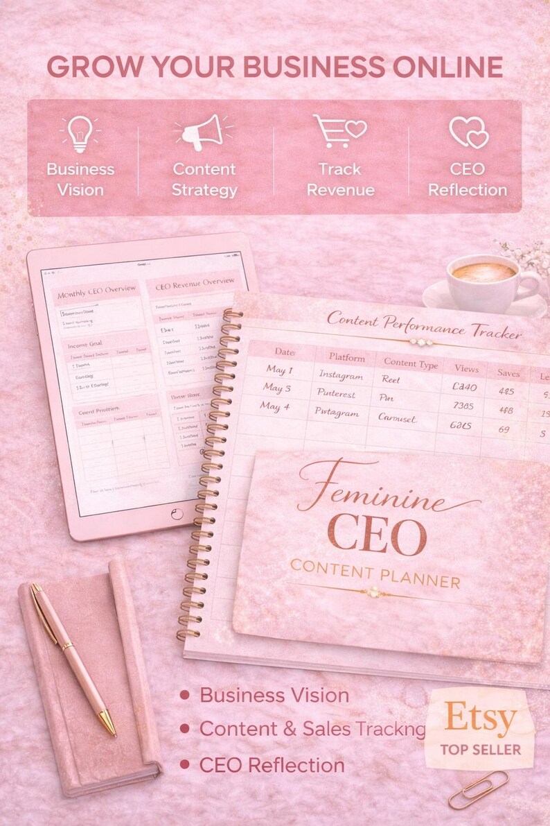 Feminine CEO content planner printable for female entrepreneurs, business planner with content tracker, sales tracking and productivity pages, digital download.
