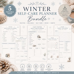 May include: A digital winter self-care planner bundle featuring five printable pages including a routine planner, wellness planner, cosy winter self-care planner, mood tracker, and habit tracker with snowflake graphics and text in blue and white.