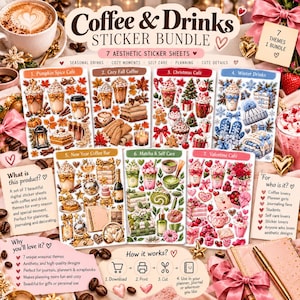 Puede incluir: Un paquete de pegatinas digitales con siete hojas de temas de café y bebidas. Las hojas incluyen ilustraciones de bebidas de temporada, artículos acogedores y decoraciones festivas para otoño, Navidad, invierno, Año Nuevo, Matcha y San Valentín.