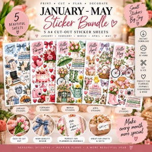 Puede incluir: Un paquete de pegatinas digitales con cinco hojas A4 para enero a mayo. Las hojas incluyen ilustraciones estacionales como ropa de invierno, corazones, flores, conejos y bicicletas. El texto incluye 'January-May Sticker Bundle' y '5 Beautiful Sheets'.