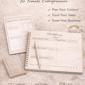 Feminine CEO content planner printable for female entrepreneurs, business planner with content tracker, sales tracking and productivity pages, digital download.