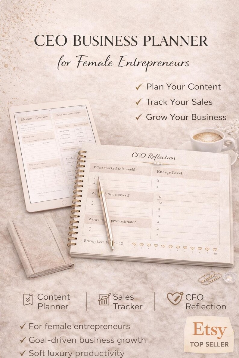 Feminine CEO content planner printable for female entrepreneurs, business planner with content tracker, sales tracking and productivity pages, digital download.
