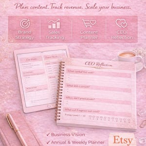Feminine CEO content planner printable for female entrepreneurs, business planner with content tracker, sales tracking and productivity pages, digital download.