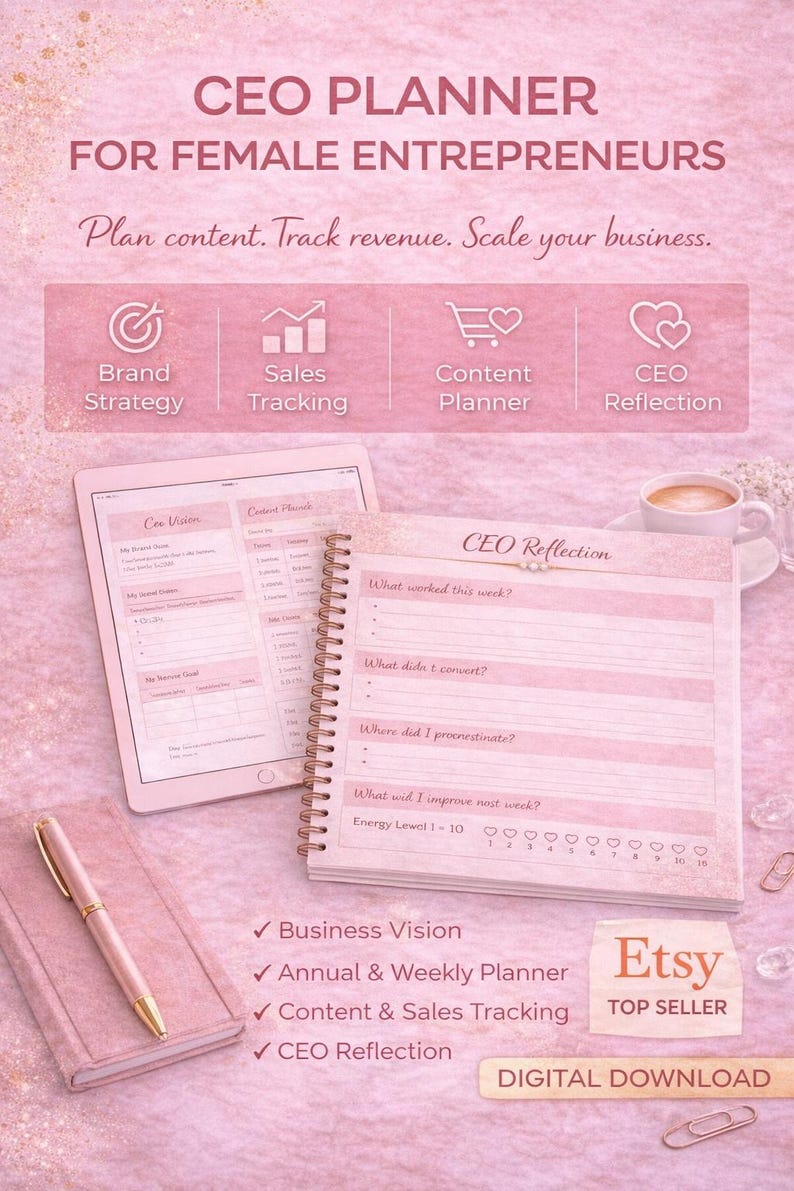 Feminine CEO content planner printable for female entrepreneurs, business planner with content tracker, sales tracking and productivity pages, digital download.