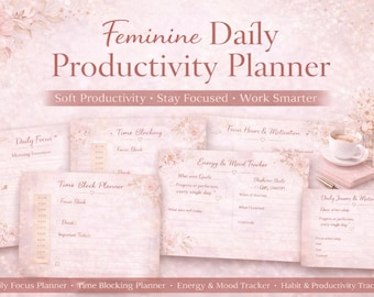 Feminine Daily Productivity Planner | Time Blocking, Habit Tracker (Printable PDF)