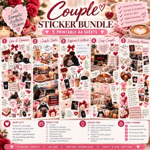 May include: A digital sticker bundle featuring five A4 sheets with romantic themes including Love & Romance, Couple Dates, Boyfriend & Girlfriend, Cozy Couple, and Relationship Memories. The sheets contain various illustrations of couples, hearts, and text.