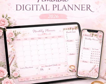 Feminine Digital Planner 2026 | Hyperlinked iPad Budget Organizer (Digital Download)