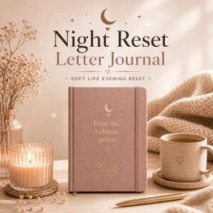 May include: A blush-colored journal with the text "Night Reset Letter Journal" and "Dear me, I choose peace." A lit candle, a cup of tea, and a pen are also visible. The journal has a crescent moon and star design.