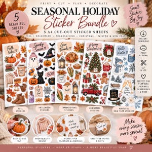 Puede incluir: Un paquete de pegatinas estacionales que incluye cinco hojas A4 con ilustraciones para otoño, Halloween, Acción de Gracias, Navidad e invierno. Las pegatinas incluyen calabazas, fantasmas, linternas, árboles y textos festivos.