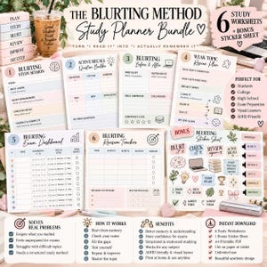May include: A study planner bundle featuring six worksheets and a bonus sticker sheet. The pages include titles like Blurting Study Session, Active Recall Question Builder, Blurting Before & After, Weak Topic Rescue Plan, Exam Dashboard, and Revision Tracker.