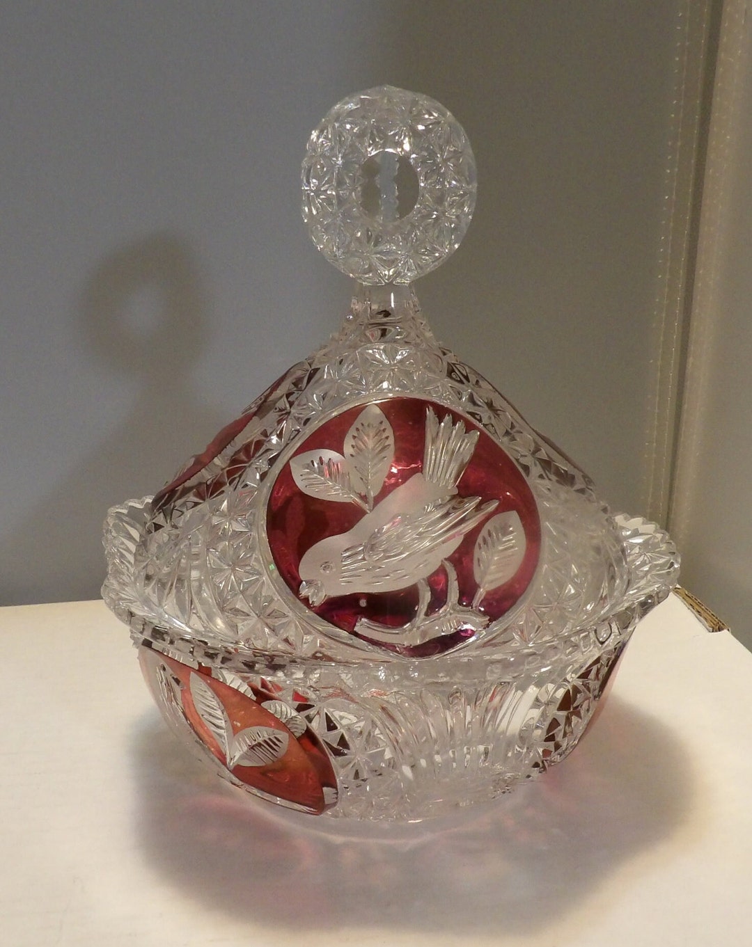 Rare German Hofbauer Lead Crystal Covered Candy Dish Red Bird Etsy