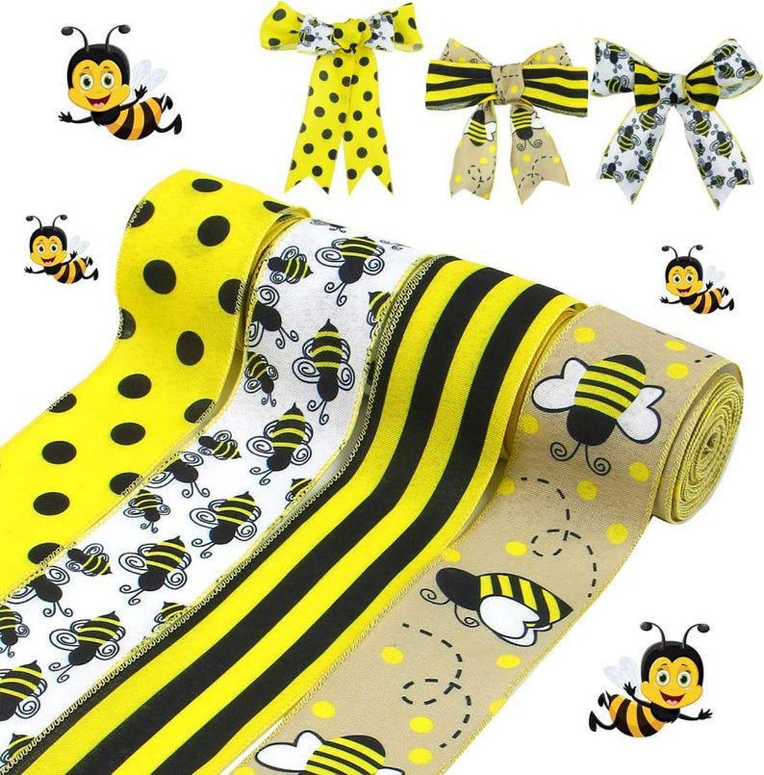 4 Rolls Bumble Bee Ribbon, Yellow Honeybee Wired Edge Burlap Ribbon for ...