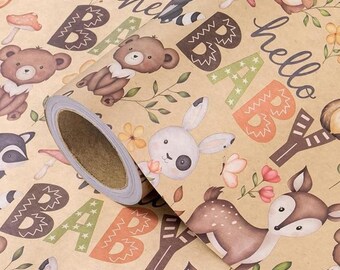 Kraft Baby Shower Mini Wrapping Paper 17x16.5ft Woodland Animals