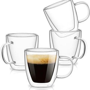 Espresso Cups Set of 4, Double Wall Hand Blown 5.5OZ Espresso Shots Glass, Coffee Mugs with Handle Perfect for Cappuccino, Latte, Tea