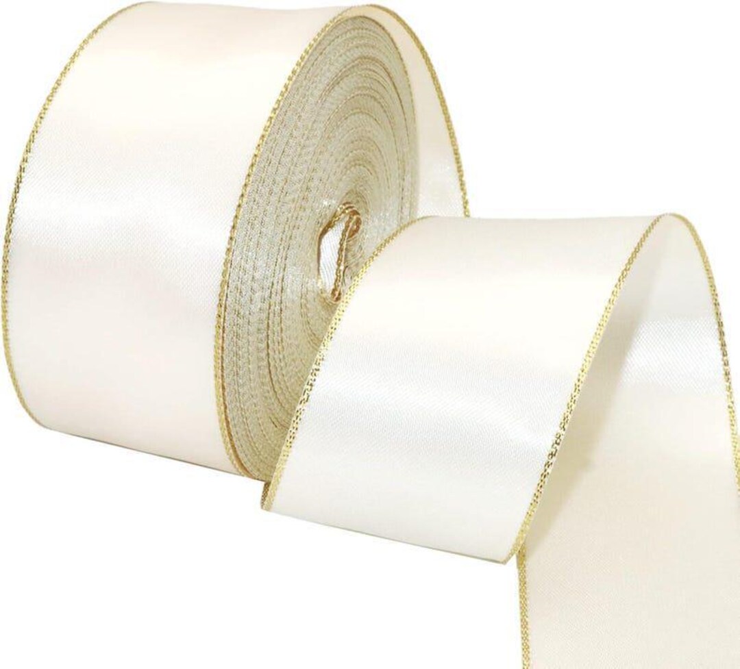 Very Wide Ribbon Antique White Satin Ribbon With Gold Edges 1.5 Inch Wide 20 Yards, Gold ...