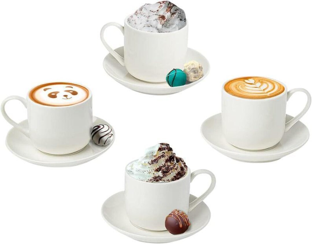 Espresso Cups Set of 4 With Matching Saucers – 4 Oz White Porcelain ...