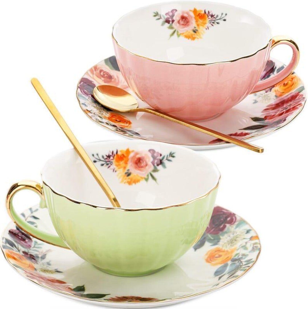 Set of 2 Tea Cup and Saucers, 8 Oz Floral Tea Cups With Gold Trim and ...