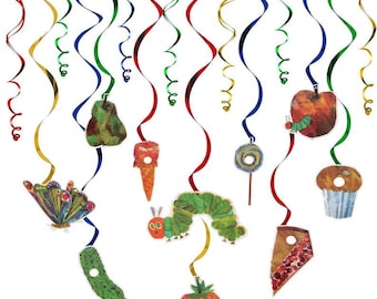 May include: A set of hanging party decorations featuring colorful metallic spirals in red, blue, green, and gold. Attached to the spirals are paper cutouts of a butterfly, a green caterpillar, a strawberry, a pear, an apple, a cupcake, a slice of pie, a lollipop, an ice cream cone, and a pickle.