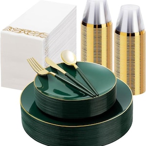 May include: An assortment of disposable tableware, including dark green plates with gold rims, gold-handled cutlery, gold and clear plastic cups, and white napkins with gold decorative edges. Ideal for parties and events.