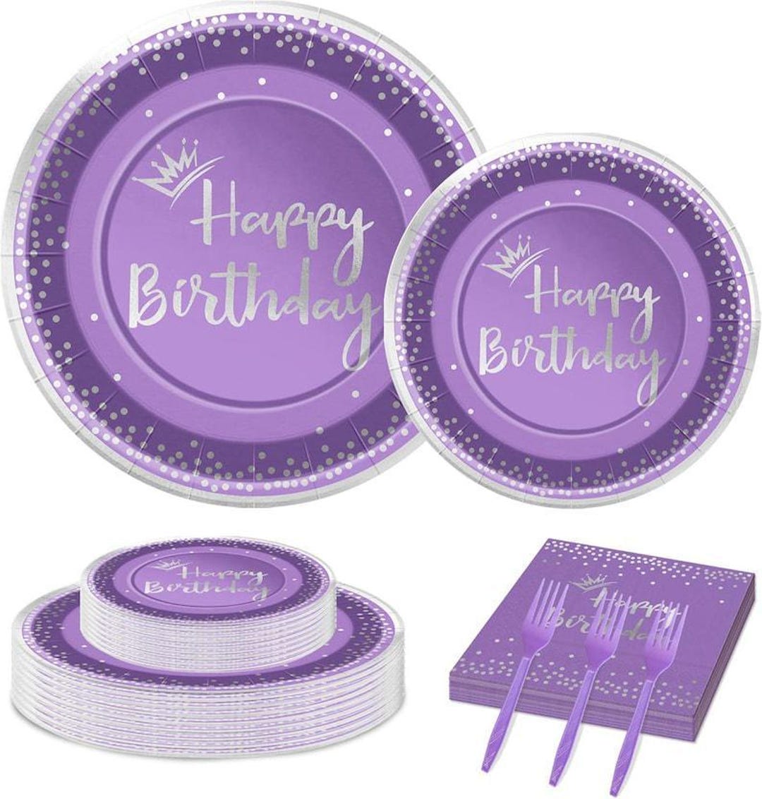 96 Purple and Silver Birthday Plates and Napkins Party Tableware Set ...