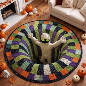 May include: A round area rug featuring a 3D optical illusion of a deep hole with a mummy figure emerging from the center. The rug is composed of quilted fabric patches in shades of orange, lime green, purple, and black with a textured pattern.
