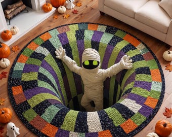 Tapete redondo com ilusão 3D de múmia para o Halloween, tapete de chão com vórtice assustador, decoração para casa assombrada.