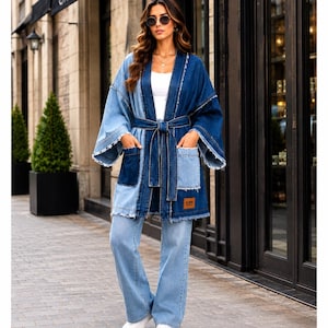 Women's Denim Kimono Jacket | Oversized Belted Denim Cardigan | Patchwork Boho Kimono Coat | Indigo Blue & Light Blue or Black