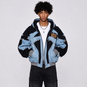 Oversized Patchwork Denim Hoodie Jacket | Unisex Light Blue & Black Distressed Zip Up Hoodie | Streetwear Denim Jacket | The Racing Track