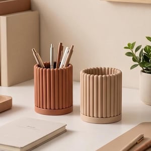 Set di 2 portapenne rigati, organizer da scrivania moderni, decor Japandi, portapenne, porta pennelli trucco