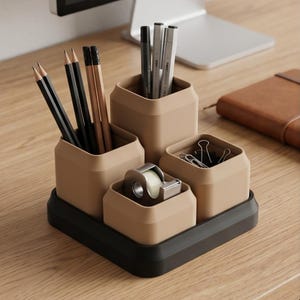 Modularer Schreibtisch Organizer, 4 Stiftehalter mit Tablett, Minimalistische Büro Aufbewahrung