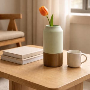 Puede incluir: Un florero cilíndrico con una sección superior lisa de color verde claro mate y una base marrón acanalada con textura, que contiene un tulipán naranja. Junto al florero hay una taza de cerámica color crema sobre madera clara.