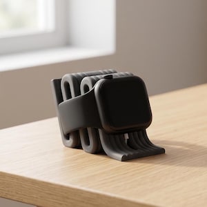Peut inclure: Un support de charge en silicone gris foncé pour montre connectée, doté d'un design pliable en accordéon qui maintient la montre à l'horizontale. Le support présente une finition mate et une ouverture centrale pour le câble de charge.