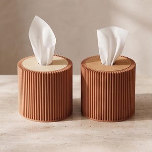 Peut inclure: Deux porte-mouchoirs cylindriques avec un extérieur cannelé de couleur terre cuite. Chaque support présente un insert circulaire sur le dessus, l'un en beige clair lisse et l'autre en liège brun texturé, avec un mouchoir blanc sortant du centre.