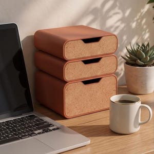 Op de afbeelding: Een stapel van drie rechthoekige opberglades met een mat terracotta-kleurig frame en gestructureerde kurken ladefronten. Elke lade is voorzien van een halfronde uitgesneden handgreep in het midden aan de bovenkant voor gebruiksgemak.