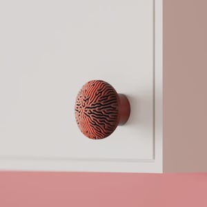 Puede incluir: Un pomo de armario redondo con una superficie texturizada similar al coral en tonos naranja terracota y negro intenso. El pomo está montado sobre una puerta de armario blanca y plana, con una base cilíndrica unida a la puerta.